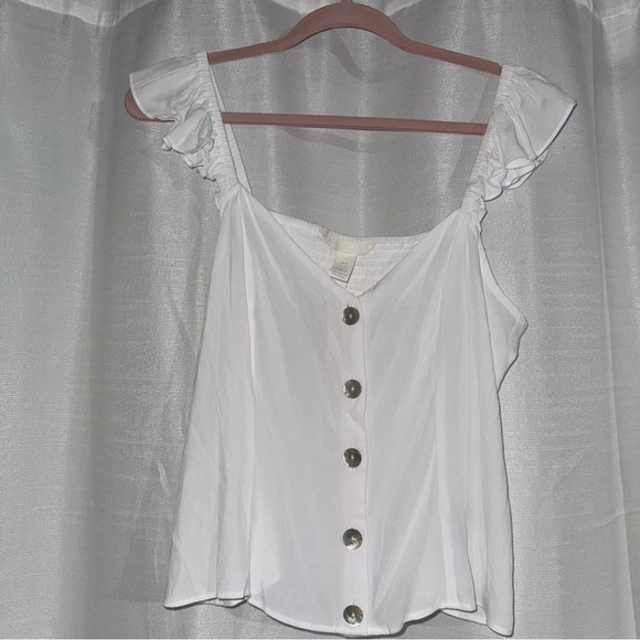 H&M Tops - H&M White Button-Front Ruffle Strap Top